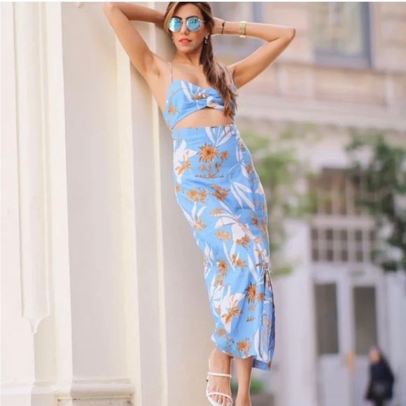 Zara Dresses & Skirts - Zara Blue Floral Cutout Dress